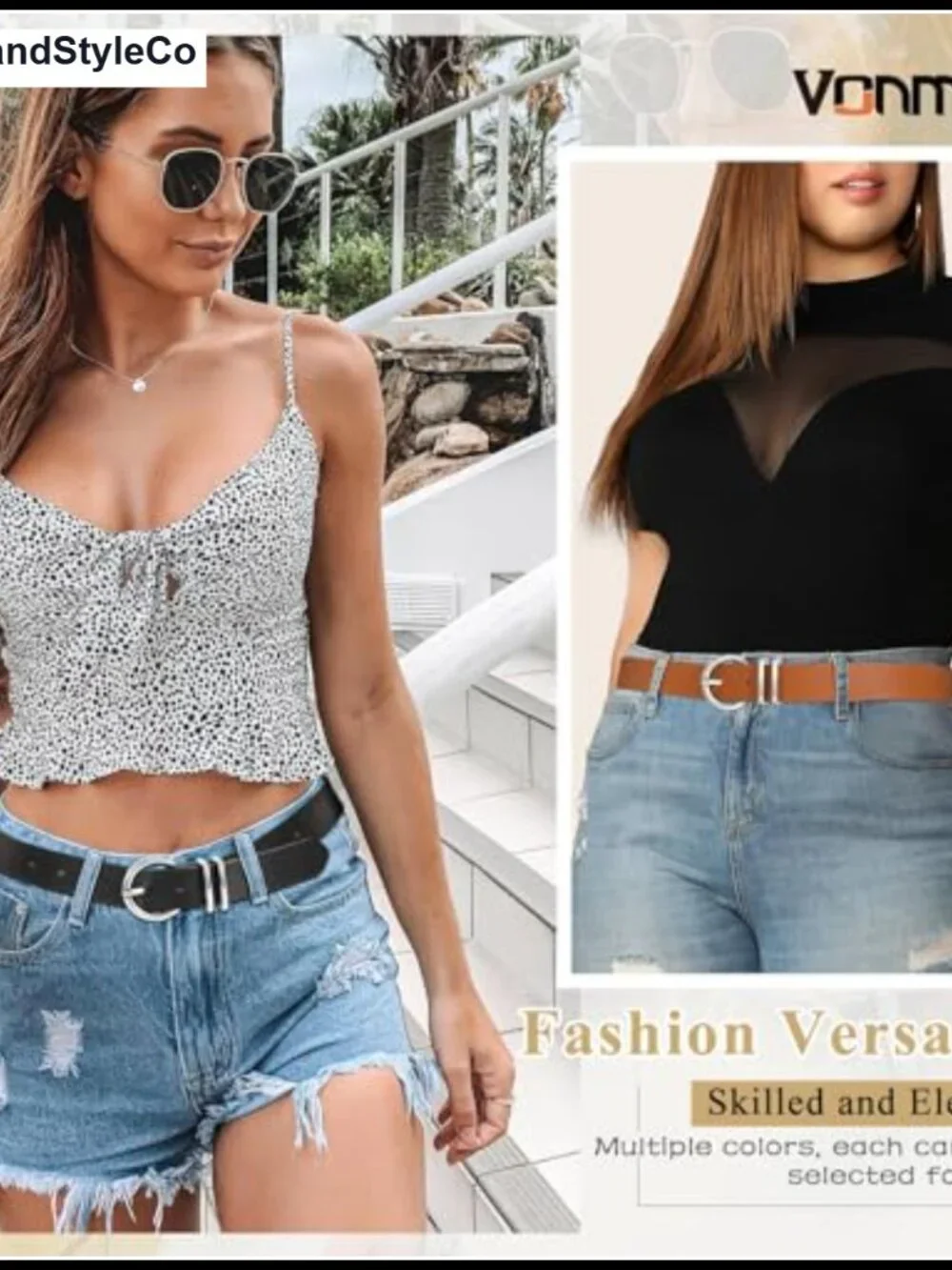 2 Pack Faux Leather Belts for Women Gold Buckle Fashion Belt